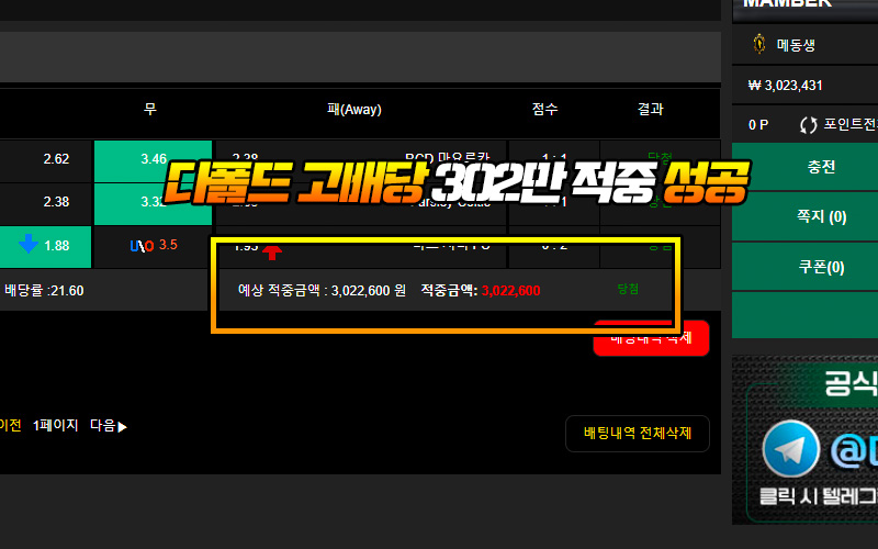 다폴드 고배당 302만 적중 성공 후 디디벳 먹튀 터짐