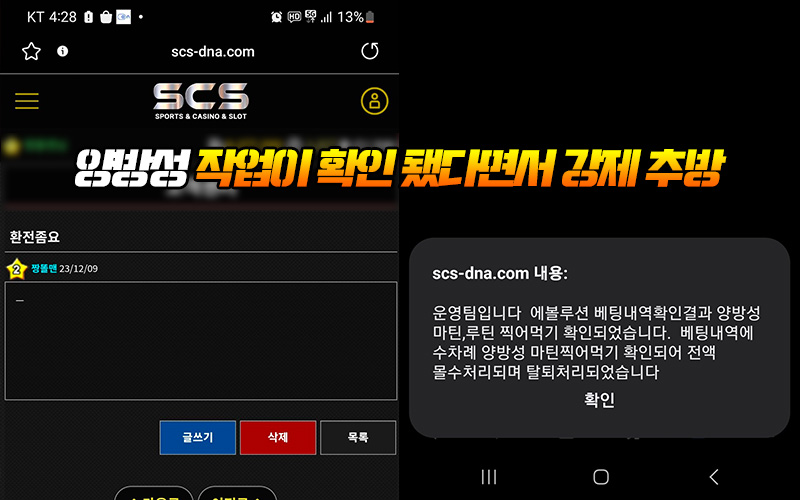 양방성 작업이 확인됐다면서 강제 추방 SCS 먹튀