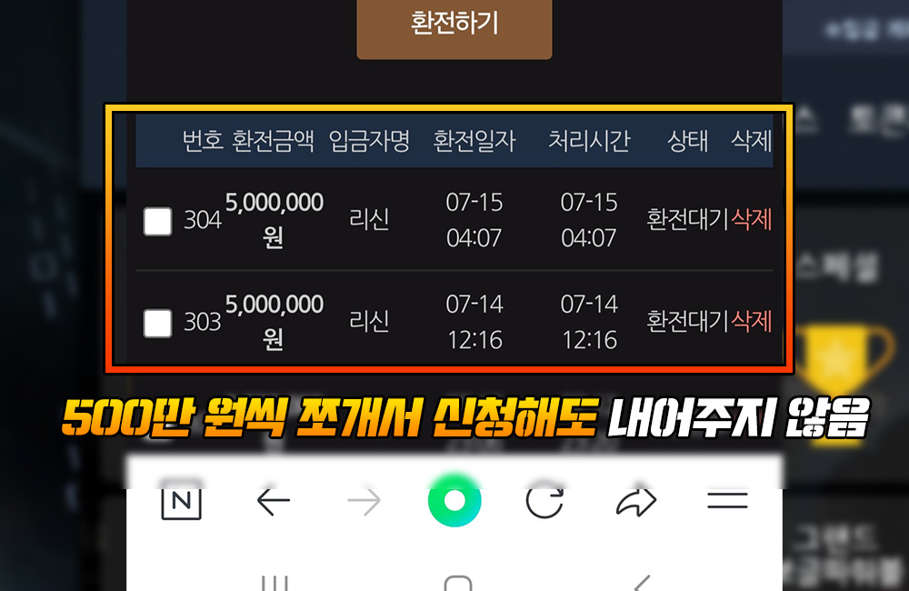 500만 원씩 쪼개서 신청해도 내어주지 않고 탑3 먹튀