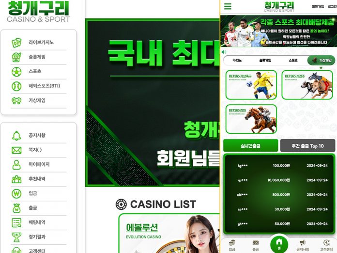 청개구리 먹튀 화면 캡처, 전반적으로 초록색을 사용해 개구리를 연상시킴