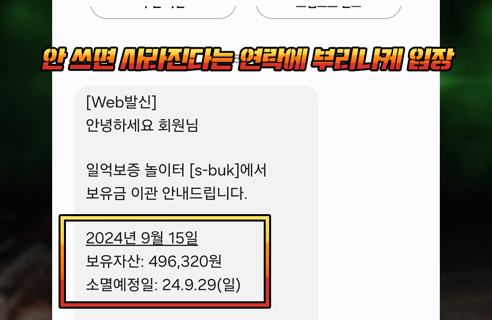 안 쓰면 사라진다는 연락에 부리나케 입장하기 쉬움. 보유금 약 50만 원이 남았다는 문자 메시지 캡처