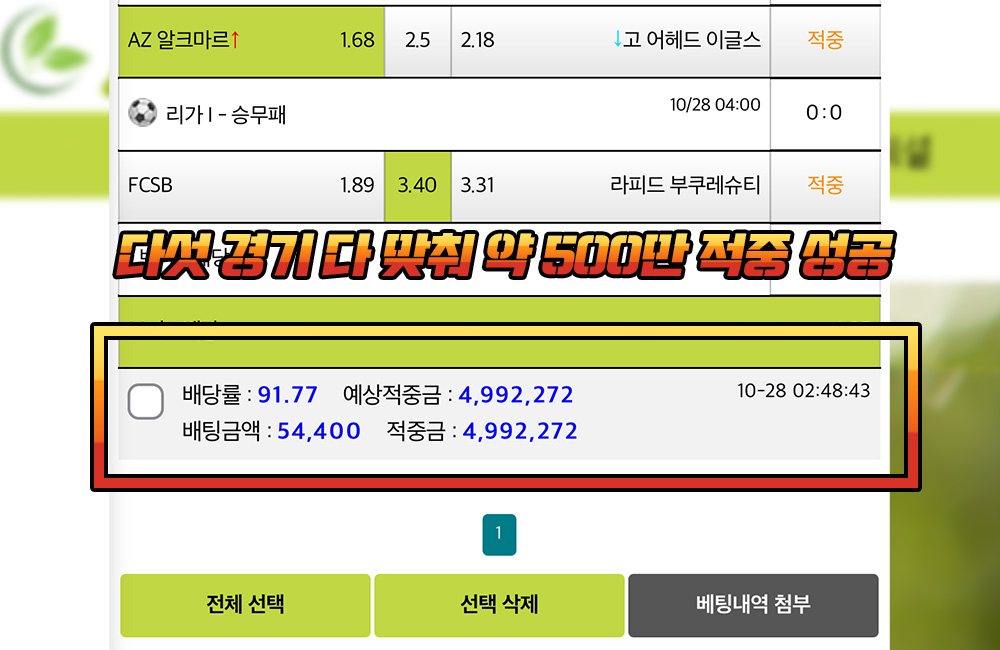 다섯 경기 다 맞춰 약 500만 적중 성공했으나 새싹 먹튀 발생