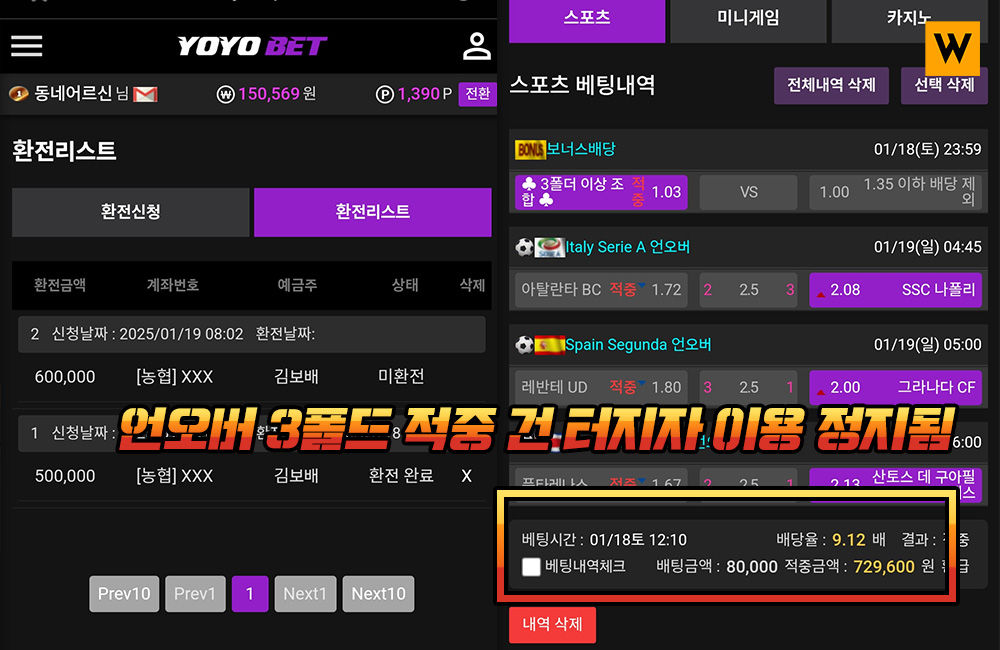 언오버 3폴드 적중 건 터지자 이용 정지됨