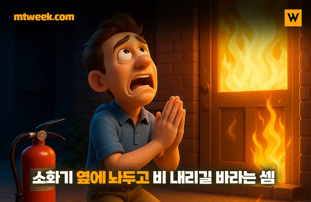 소화기 옆에 놔두고 비 내리길 바라는 셈